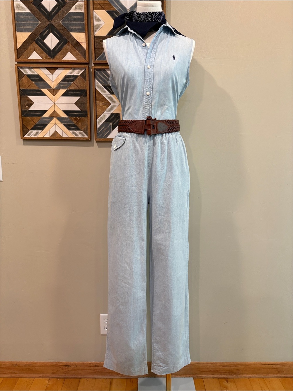 Vintage Ralph Lauren Blue Label 80s Light Blue Drawstring Denim Trousers size M